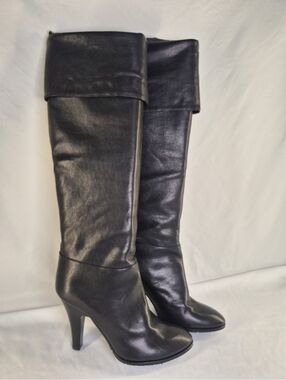 Studio Pollini Italian Black Leather Wood Heel Knee High Boots Women's/36.5